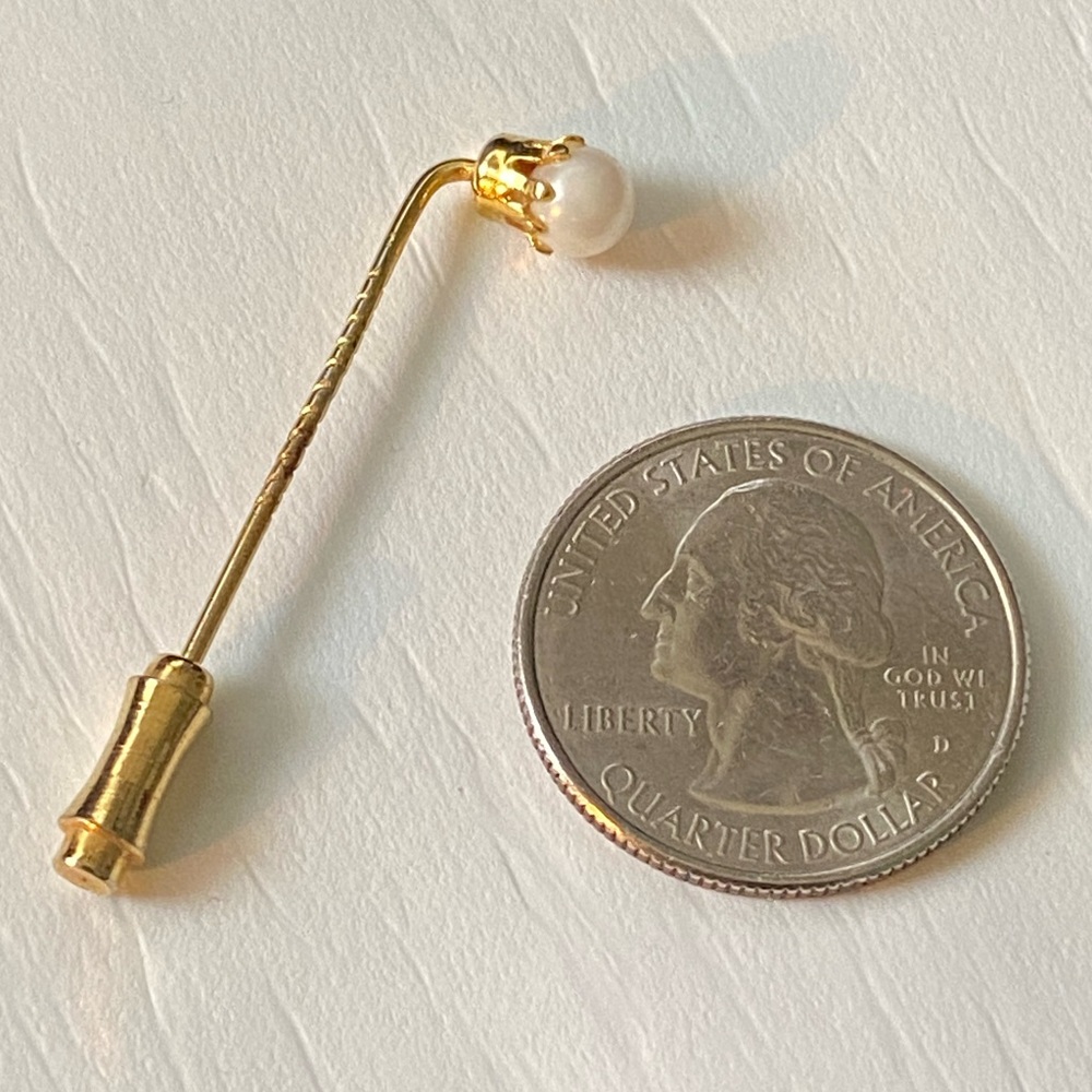 Vintage Glass Pearl Stick Pin Gold Tone Lapel Pin - Picture 3 of 6